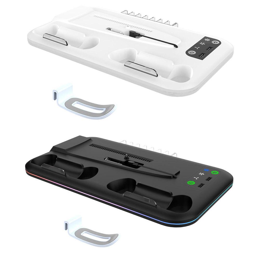 For PS5 Slim Console Cooling Stand Controller Charging Stand with Headset Hook W/ RGB Lights Game Slot for PS5 Slim Disc&Digital