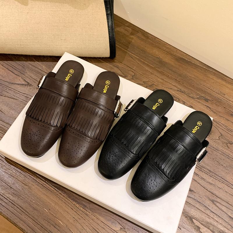 Grape Mother Summer New Soft Leather Versatile Retro Brock Carved Tassel Buckle with Muller Half Drag Girl