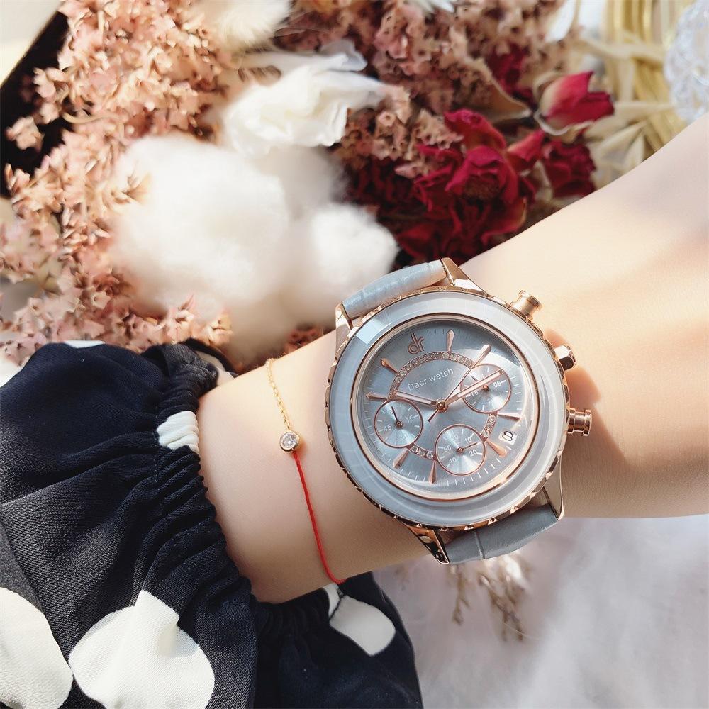 

Новые женские часы с большим циферблатом и тремя глазами, модные кожаные часы, женские водонепроницаемые кварцевые часы