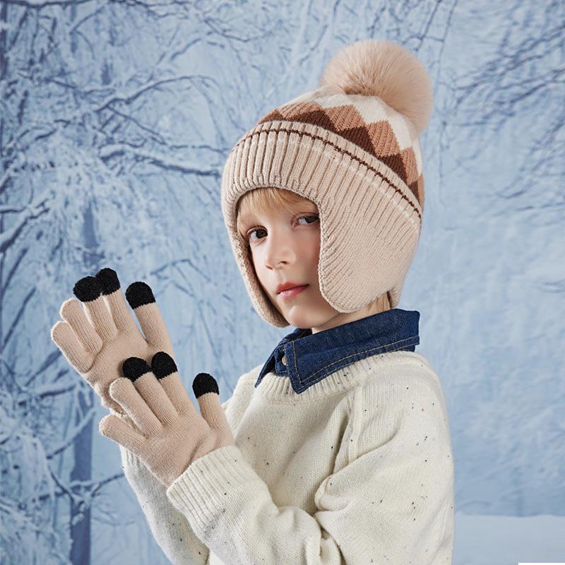Children's Cap Gloves Ball Color Diamond Knitted Wool Cap Boys Girls Baby Velvet Warm Ear Protection Cap
