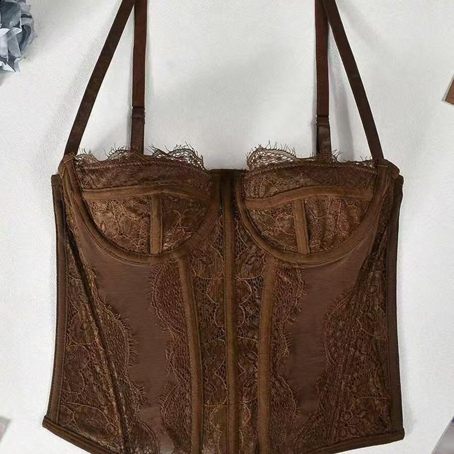 European and American Explosive Spice Girls Sexy Gathered Eyelashes Lace Perspective Pure Desire Corset Fishbone Corset Top