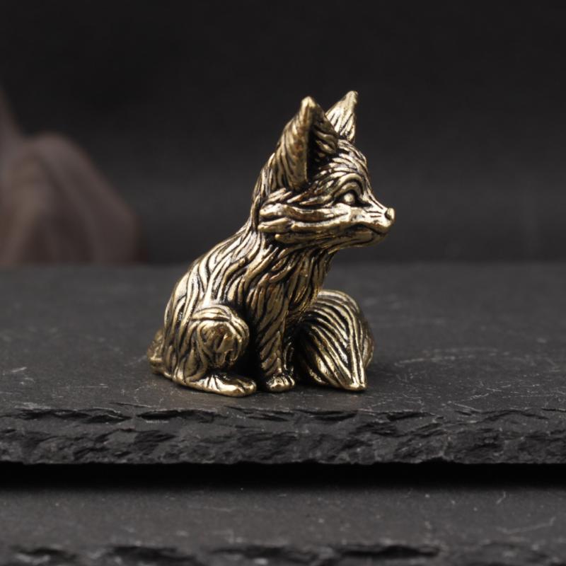 Brass Fox Statue Cute Fox Miniature Figurines Desk Ornament Decorations Accessories Copper Animal Sculpture Home Decor Crafts