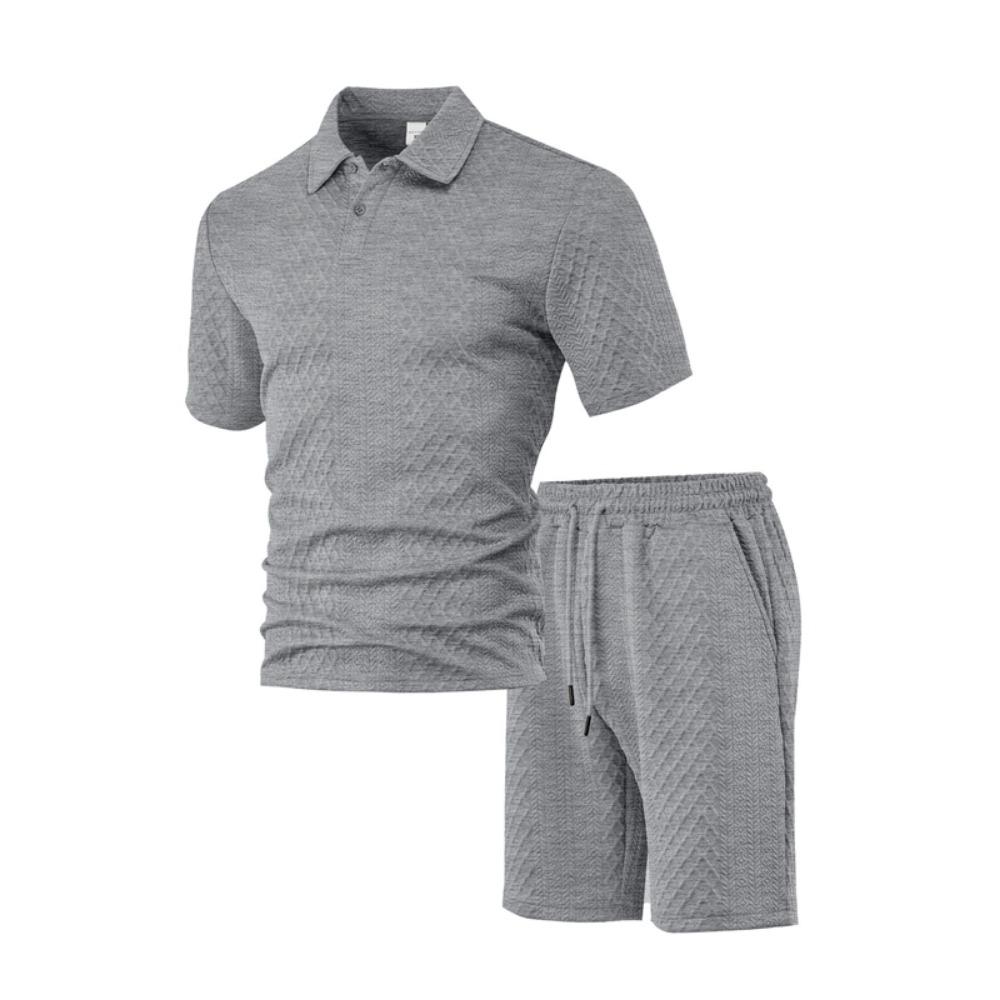 

Весна Лето Новая Мужская Повседневная Спортивная Одежда Рубашка Поло для Бега Мужская Футболка с Коротким Рукавом и Шорты Жаккардовая Текстура Спортивные Костюмы Мужской 3XL светло-серый