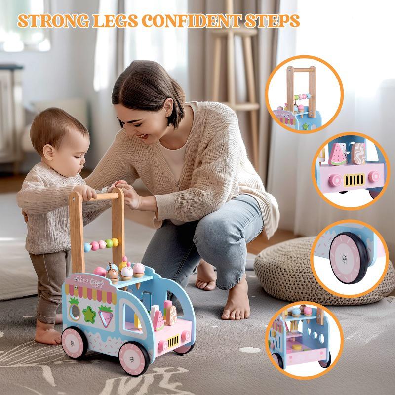 Wooden Baby Walker Stroller with Educational Learning Aid - Anti-Tip Push Car Toy for Toddlers