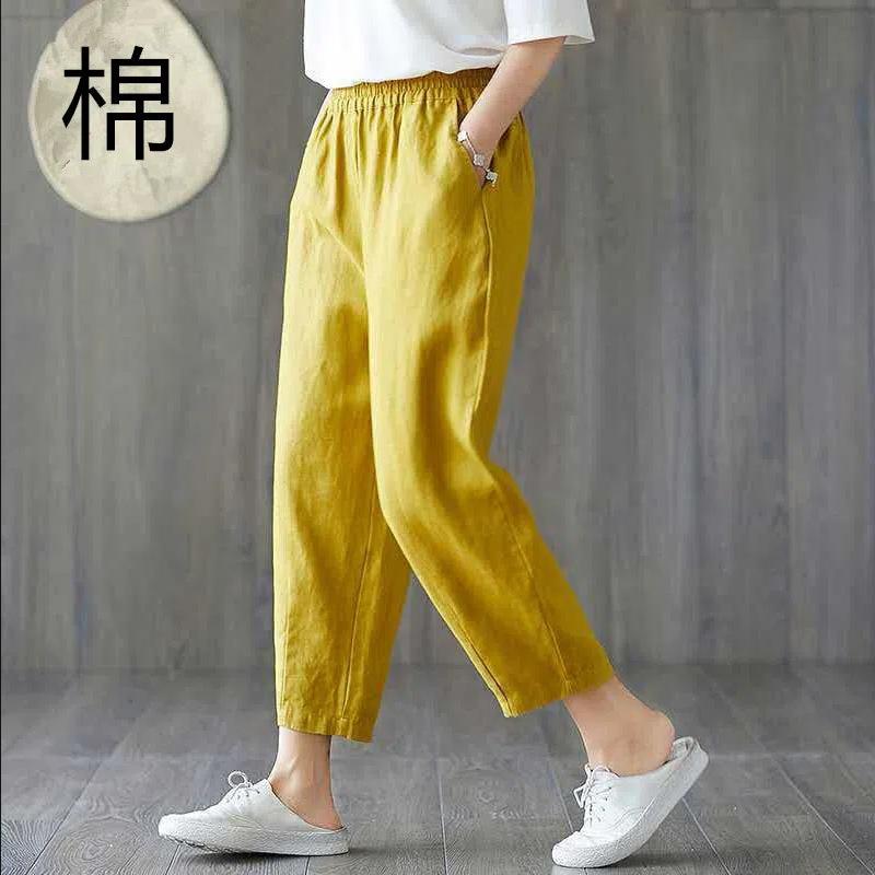 Spring Summer Casual Cotton Linen Pants Women Elastic Waist Solid Pockets Retro Loose Women's Harem Pants Trousers Bottoms