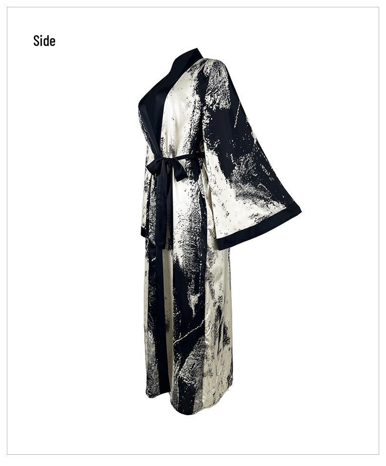 Elegant Chinese Ink Wash Satin Loose Robe - Luxury Home Leisure Wear