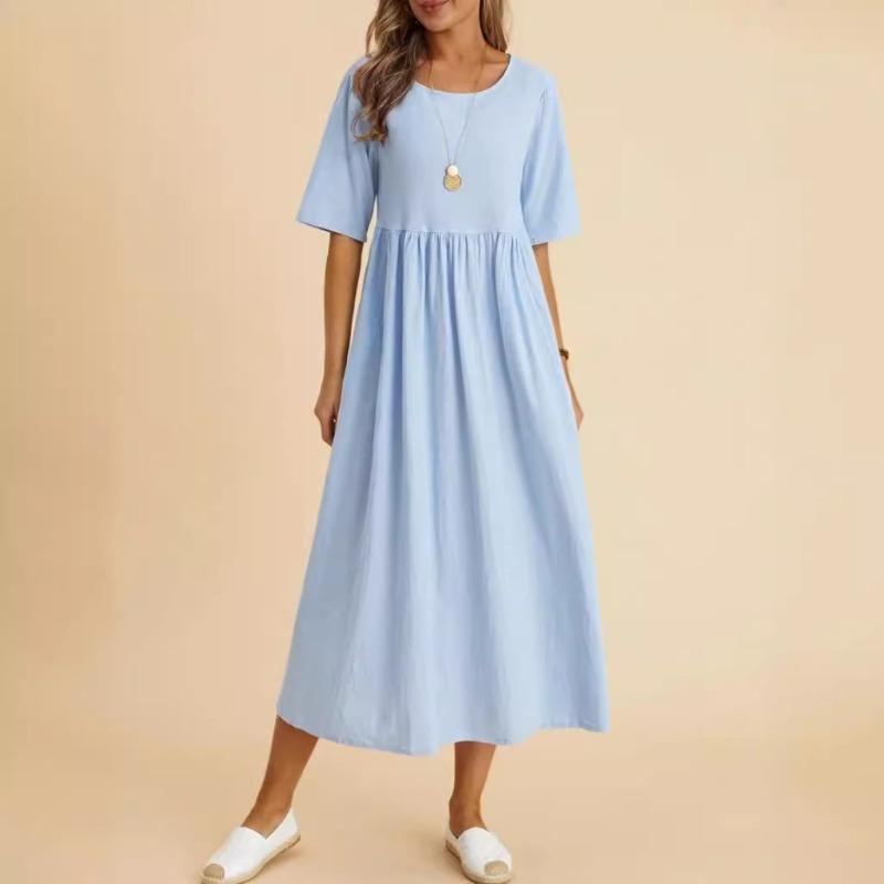 Summer Women Plus Size Dress Loose Cotton Linen Midi Dresses Round Neck
