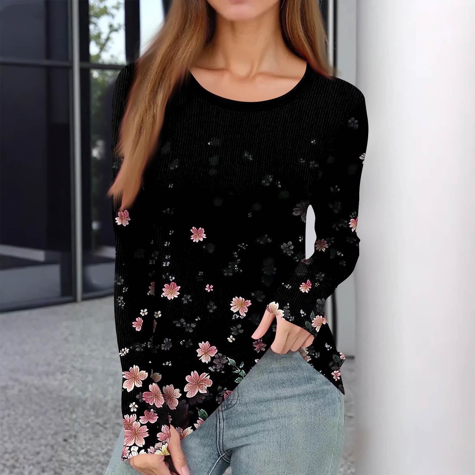 

Женская и зимняя футболка с тонким низом, модная повседневная футболка с градиентным принтом и круглым вырезом, пуловер с длинным рукавом M