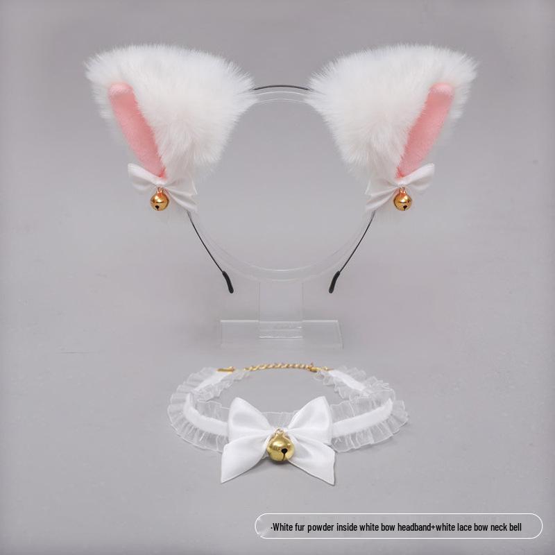 Lolita Fox Ear Cosplay Cat Headband & Erotic Bell Necklace Set with Cute Bow.
