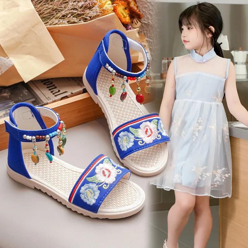 

Kids Beach Shoes Ethnic Style Girls Sandals for Summer Vacation 2025 New Fashion Children Roman Shoes Princess Embroidered Sweet 26 синий