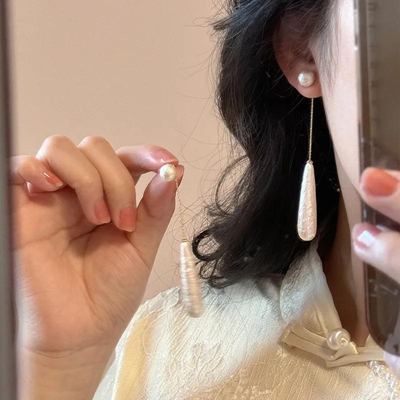 French Vintage Simple Drop Earrings Long Tassel Water Drop Imitation Pearl Earrings For Women Girls Statement Jewelry Gifts