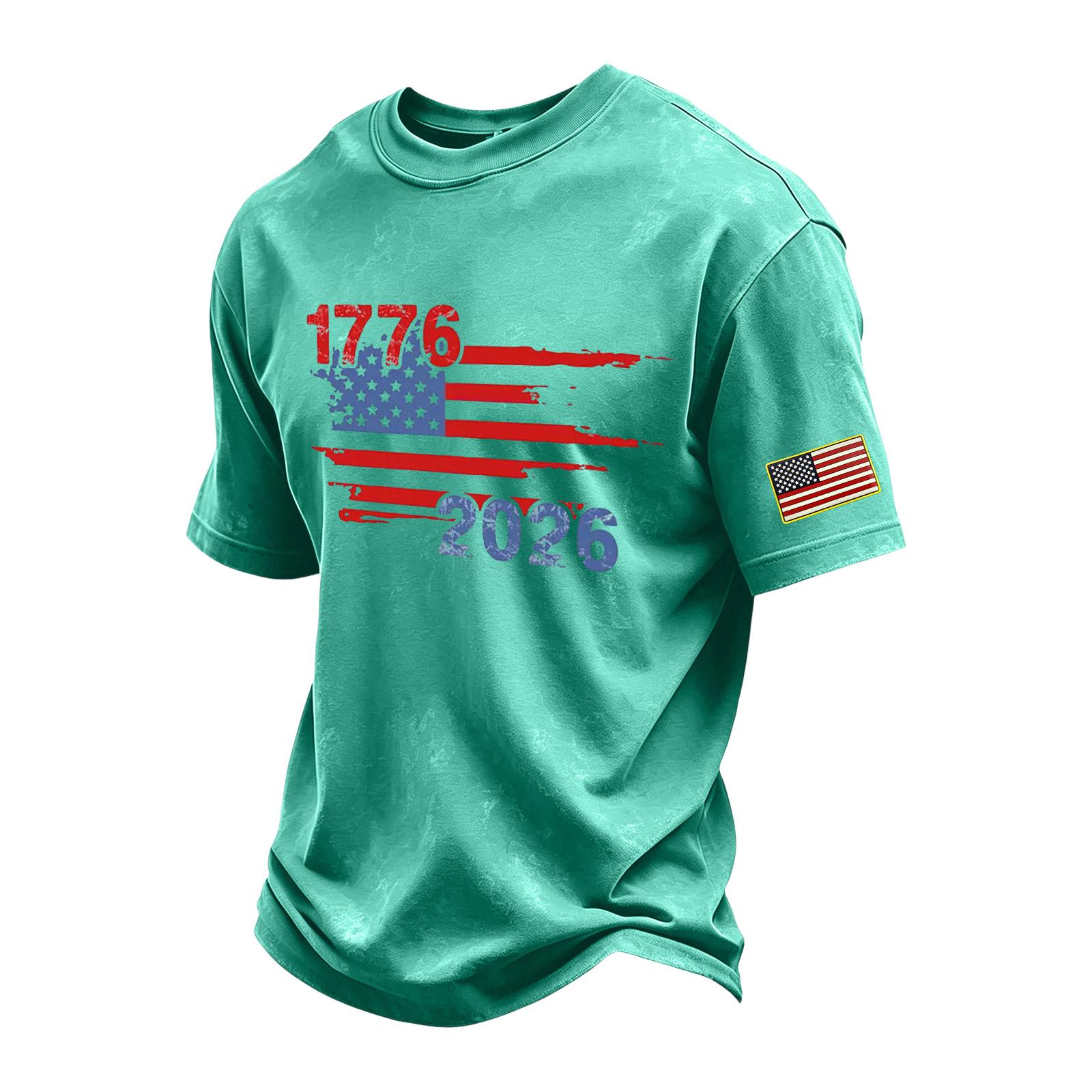 

Men s Vintage Washed Independence Day Graphic Crew Neck Short Sleeve T Shirt Soft Fabric Casual Fit Summer Top XXL зелений