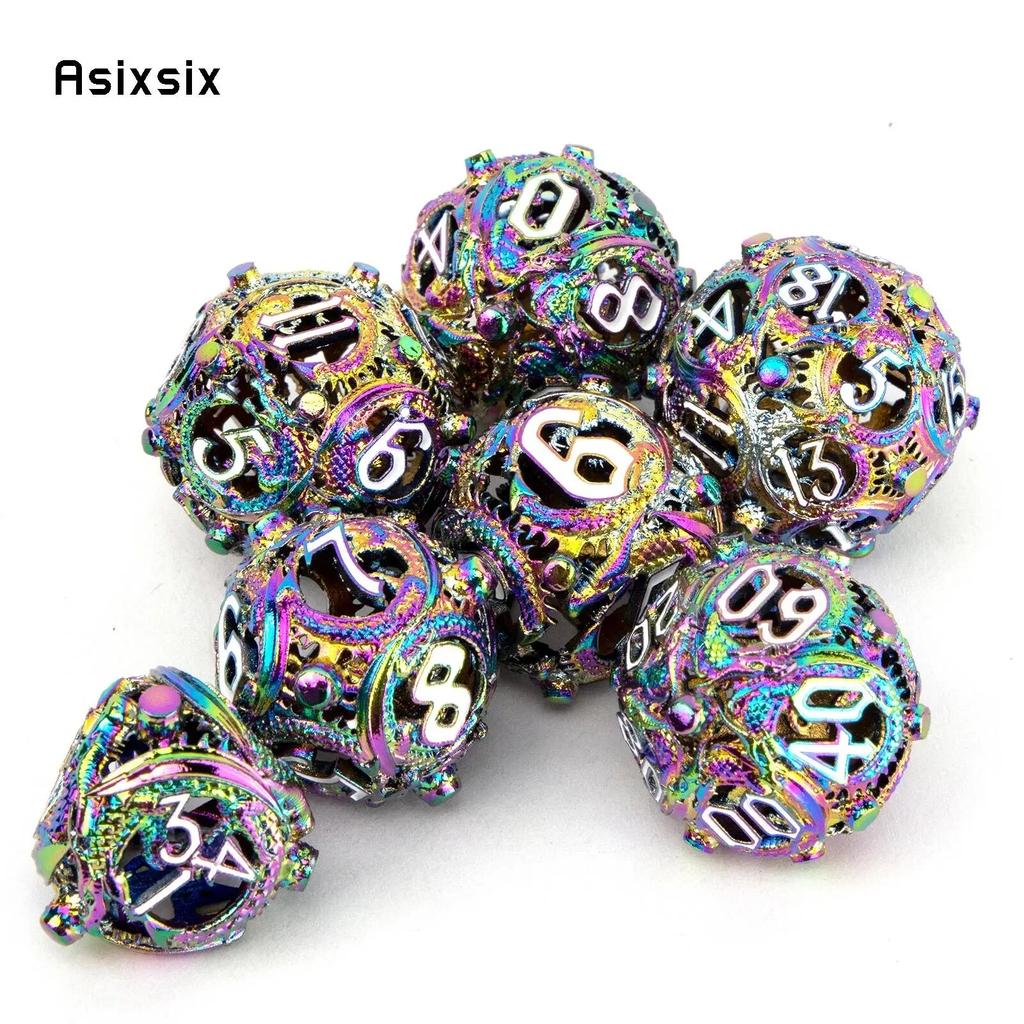 7 Pcs Colorful Circular Dragon Metal Dice Hollow Metal Polyhedral Dice Set Suitable for Role-Playing RPG  Board Game Card Game