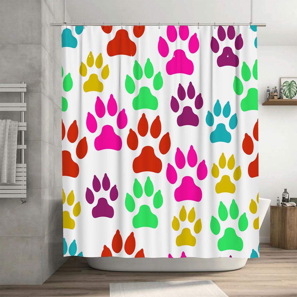 Brightly Colored Animal Paw Print Shower Curtain Set Waterproof Fabric With Hook Rings For Bathroom Decor