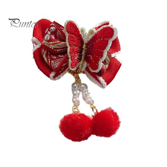 

Заколка для волос с красным бантом и мягкими нечеткими помпонами и кисточками. Симпатичный китайский стиль для женщин и девочек. Дети Весенний фестиваль. Аксессуары для волос. Подарок на Новый год. красный