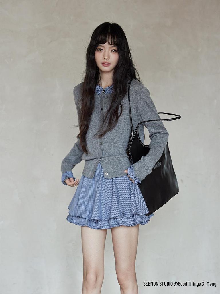 Yimeng 2025 Korean Style Patchwork Long Sleeve Knitted Cardigan for Women