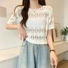 2026 Summer New Hollow Out Ice Silk Knit Top for Women Korean Style Short Sleeve Loose Casual Cropped Sweater Elegant Lazy Fashion Blouse