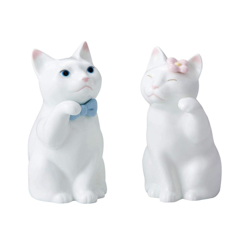 Noritake pair set of approximately 12cm tall and white bone Maneki-neko (beckoning cat) figurine, 2, 6.5cm wide, china, P45556/AC4578