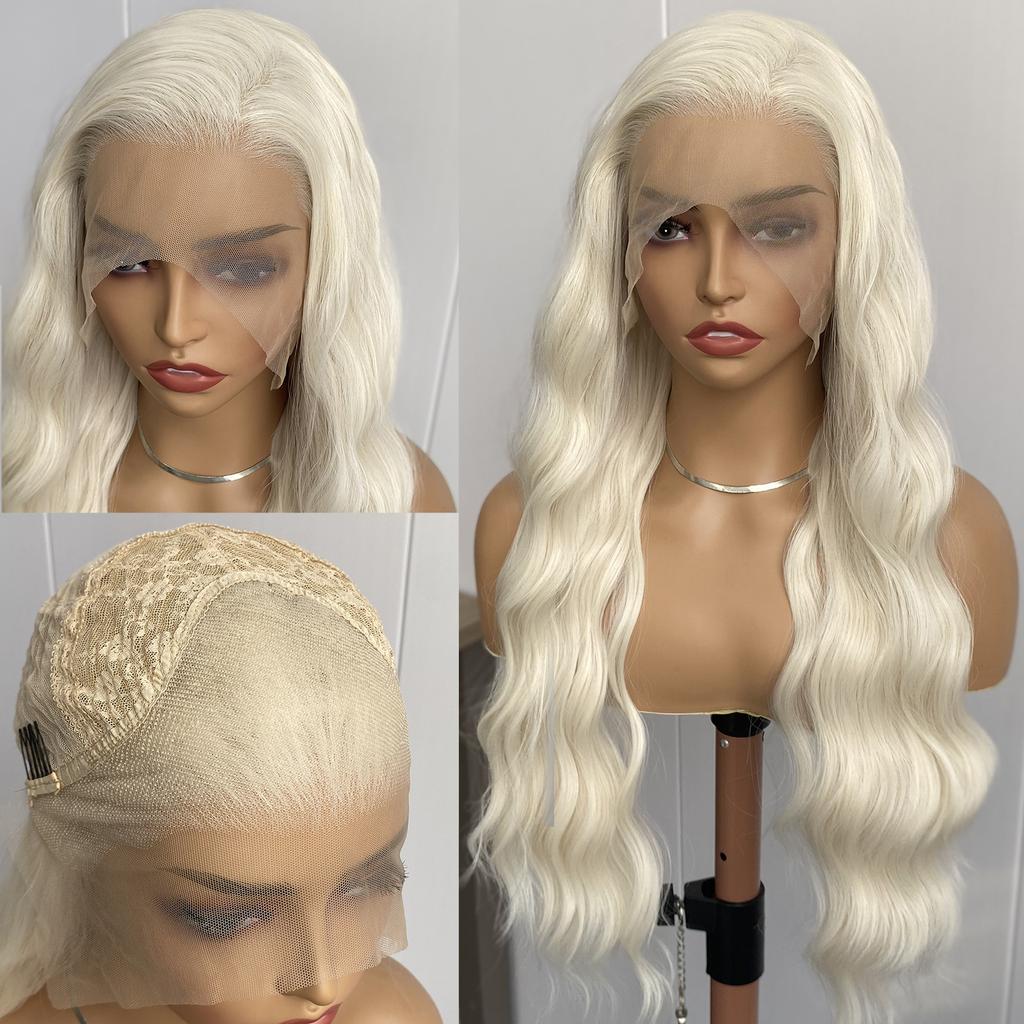 AIMEYA Platinum Blonde Lace Front Wig for Women Girls Long Body Wave Heat Resistant Synthetic Lace Wigs Daily Use Cosplay Party