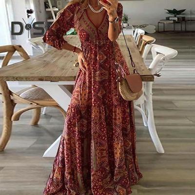 Women Maxi Dress Vintage Print Deep V Neck High Waist Three Quarter Sleeve Patchwork Loose Hem Bohemian Style Soft Floor Length Dress