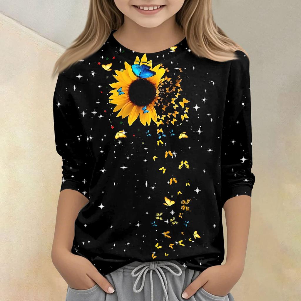Children's Printed Round Neck Seven Quarter Sleeve Casual T-shirt