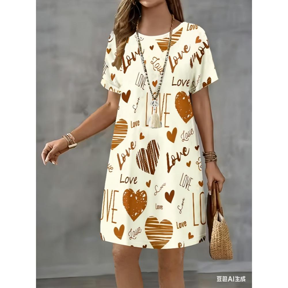 New love-themed printed dress, women's summer short-sleeved round-neck casual A-line skirt