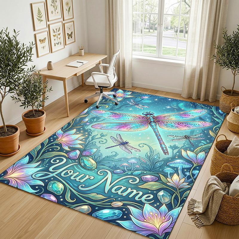 Dragonfly Dreams Bloom Theme Soft Crystal Velvet Rug Custom Name & Text Print Non Slip Floor Rug for Bedroom Living Room
