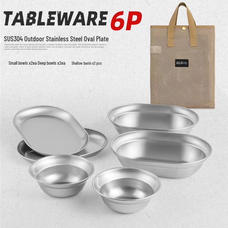 CLS 304 Stainless Steel Outdoor Dinnerware Set - 10 Pieces for Camping, BBQ, and Home: Includes Soup Bowls, Small Plates, and Bowls