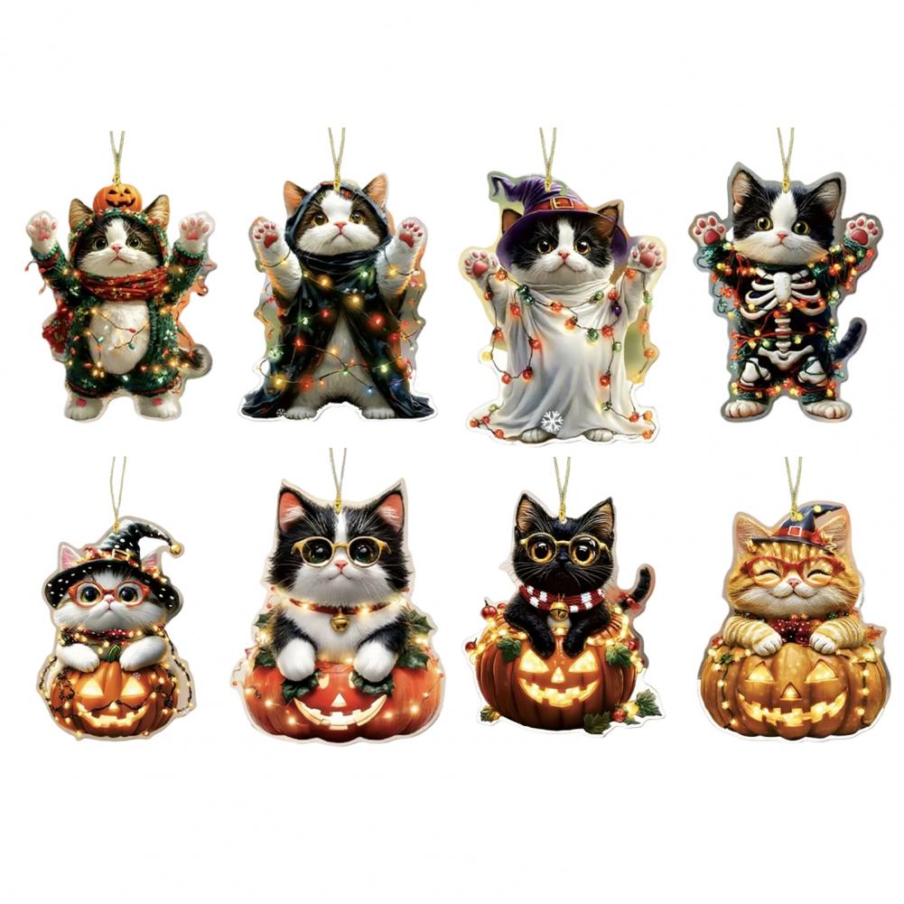 Acrylic Car Pendant Cartoon Car Mirror Decor Spooky Halloween Car Accessories Skull Cat Rearview Mirror Pendant for Backpack