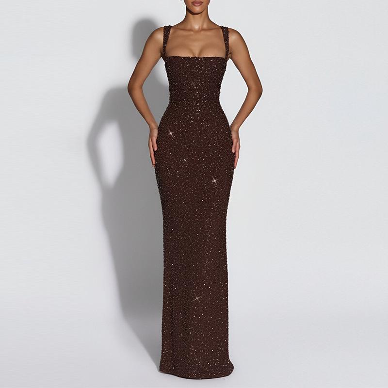 Spring new, fashionable, elegant and sexy square neck sequined slim dress S