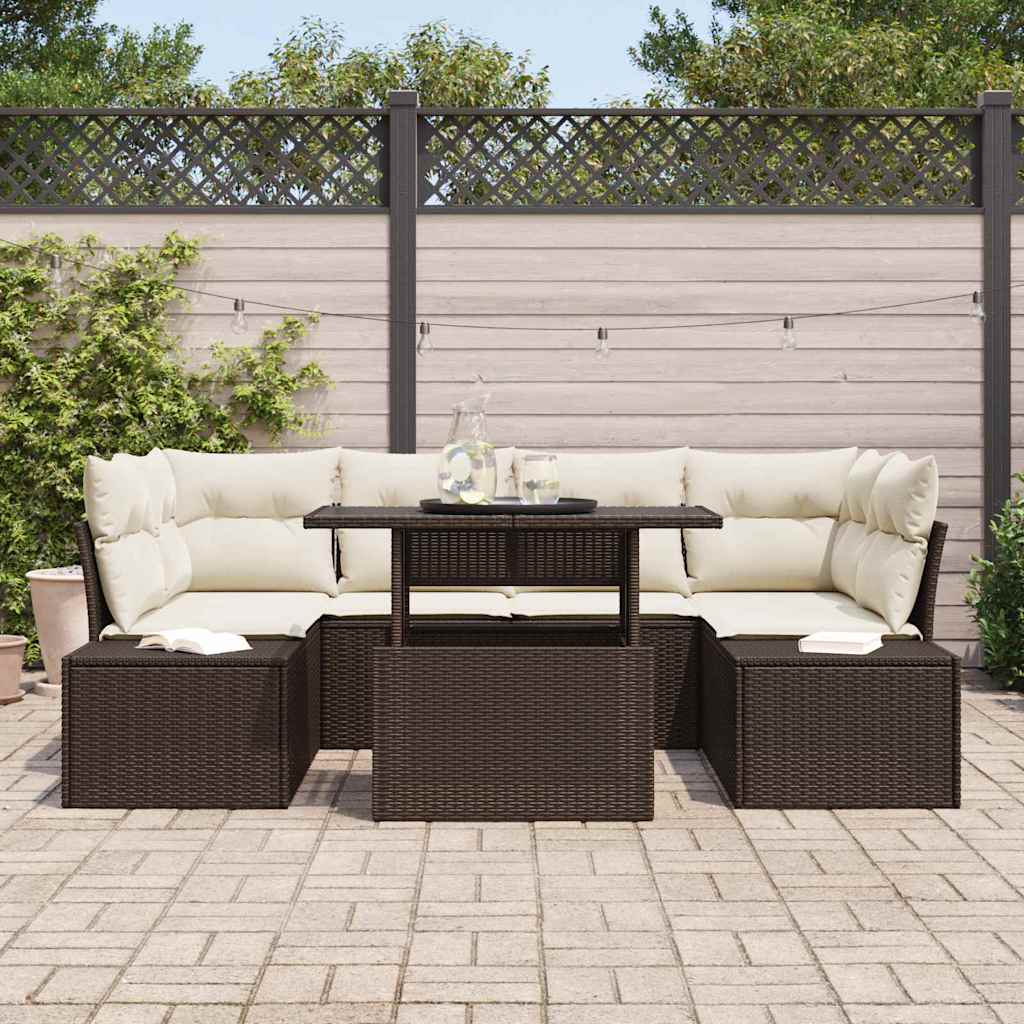 7 Piece Sofa Set with Cushions in Brown and Cream Poly Rattan