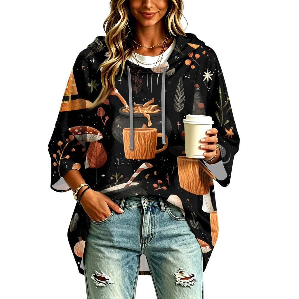 Women's Halloween Printed Hoodie 3/4 Sleeve Pullover Casual Tunic for Party