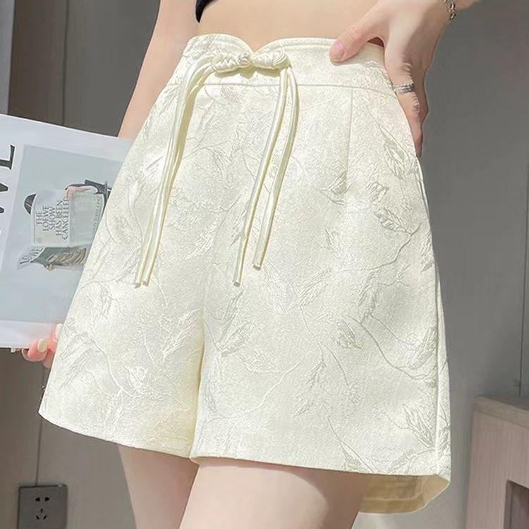

Women s Summer Jacquard Ice Silk Satin Shorts - High Waist, Frog Button, A-Line Wide Leg Design S (Recommended 40-48kg)