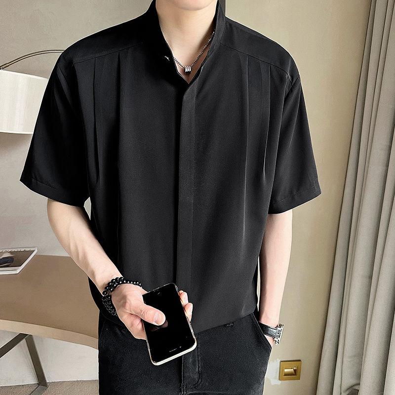 Ice Silk Chinese Stand-up Short-sleeved Shirt Men's Summer Fashion Brand Trendy Sense Handsome Seven-point Sleeve Casual Shirt