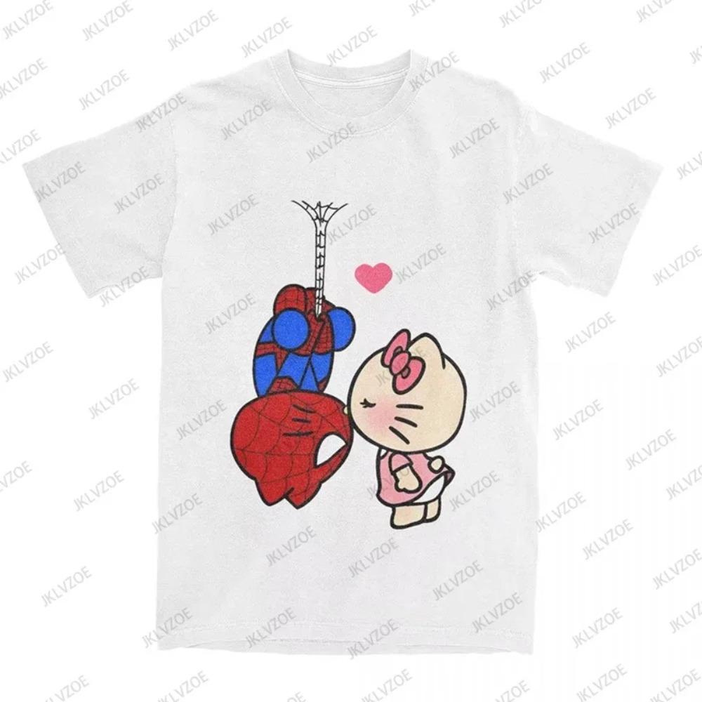 Sommar Tecknad Hello Kitty Spiderman Tryckt Bomulls T-shirt Dam Herr Kortärmad O-hals T-shirts Casual Mode Harajuku Y2K Toppar