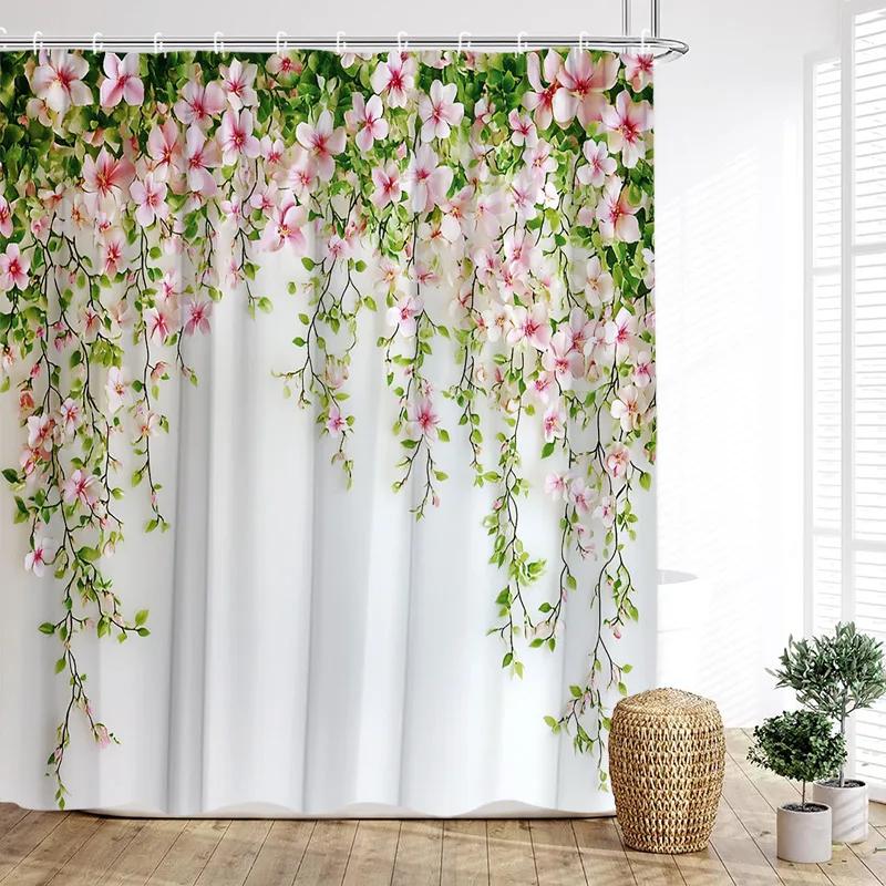Liane Floral Shower Curtain Pink Floral Country Plant Polyester Fabric Bathroom Curtain Hook for Home Decoration