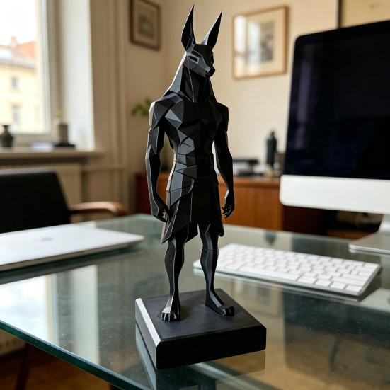3D Printed Anubis Statue Desk Sculpture with Stable Square Base Matte Black Minimalist Low-Polygon Design for Home Office Study Room Decor Gift
