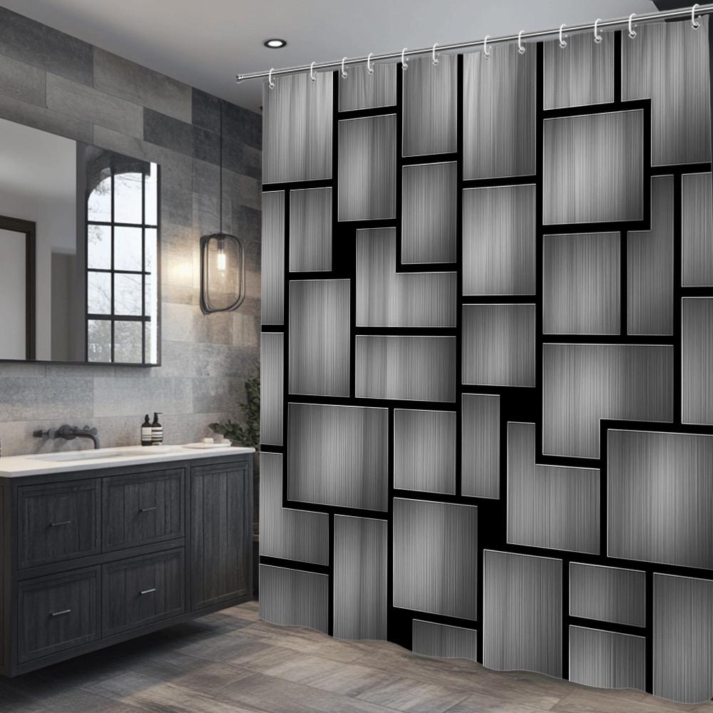 Modern Geometric Metal Pattern Shower Curtain Black And Silver Blocks Design Industrial Style Bathroom Decor Waterproof