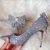 Silver Crystal High Heels Women's Slim Heels Age Into Dress Temperament Bow Light Mouth Wedding Shoes Bride Shoes