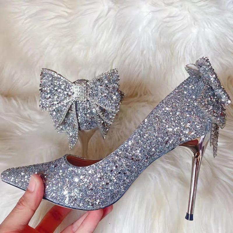 Silver Crystal High Heels Women's Slim Heels Age Into Dress Temperament Bow Light Mouth Wedding Shoes Bride Shoes