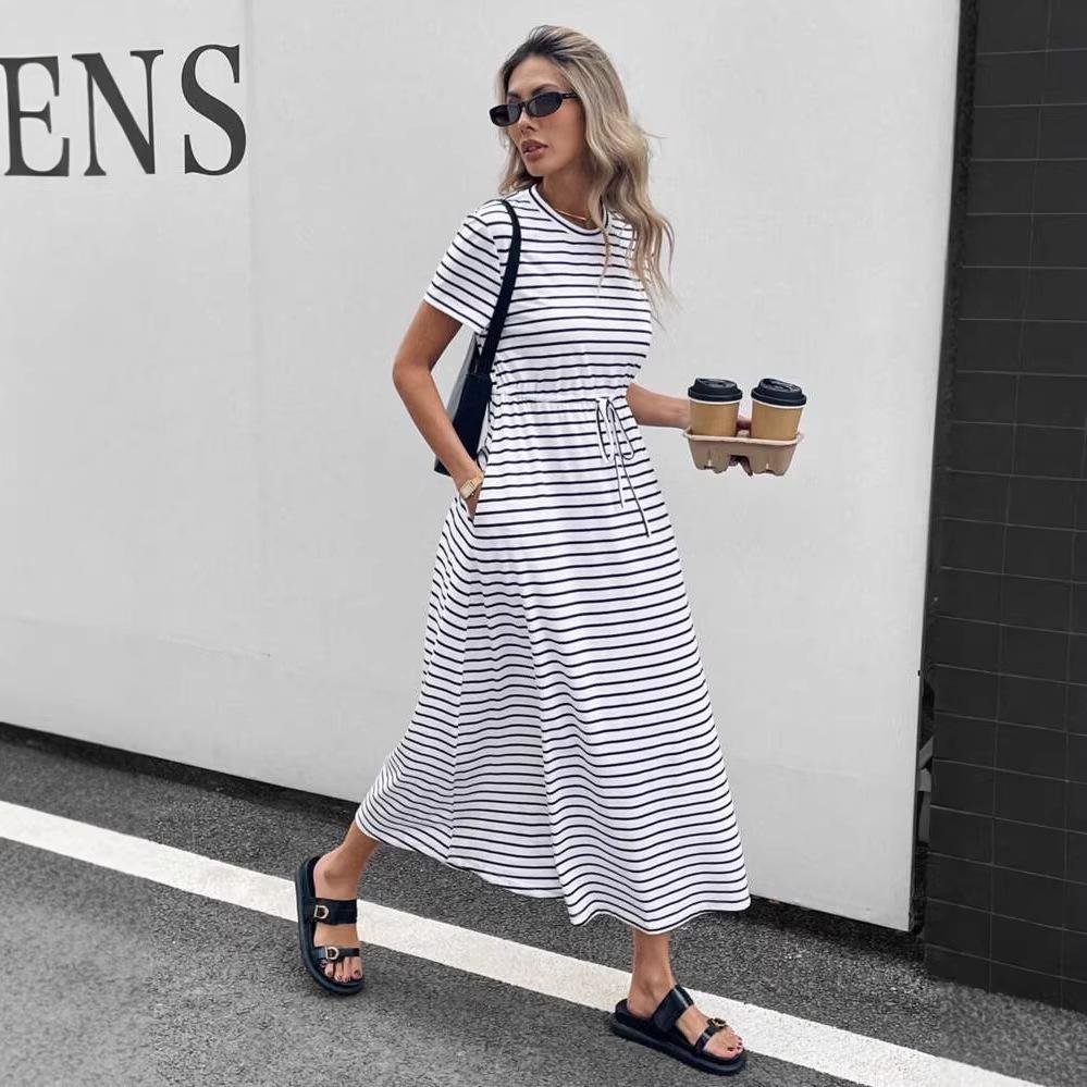 

2026 Spring/Summer Striped Plus Size Women s Dress – Round Neck, Waist Tie, Stretchy, Loose Fit, Casual and Comfortable. 5XL
