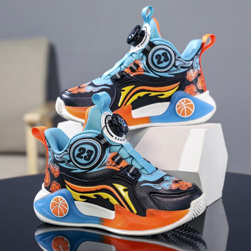 Novos sapatos de basquetebol esportivos infantis de couro impermeável com fivela rotativa para outono e inverno