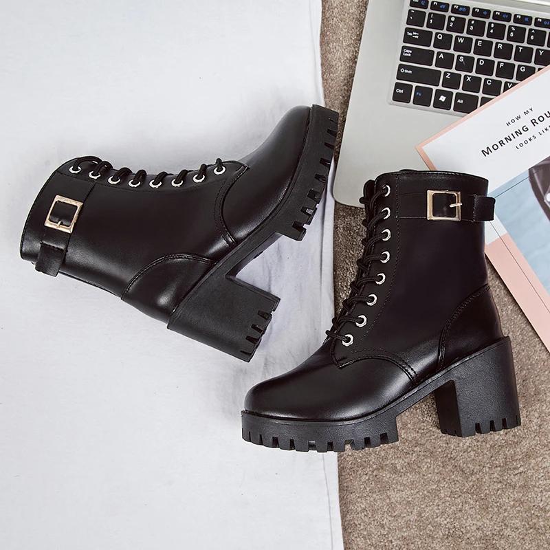 Autumn new single boot lace up black round toe thick heel high-heeled belt buckle women's short boots trend