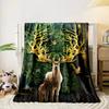 Glowing antlers, leafy forest backdrop, birds, and two deer in focus. for all seasons blanket lunch break throw gift