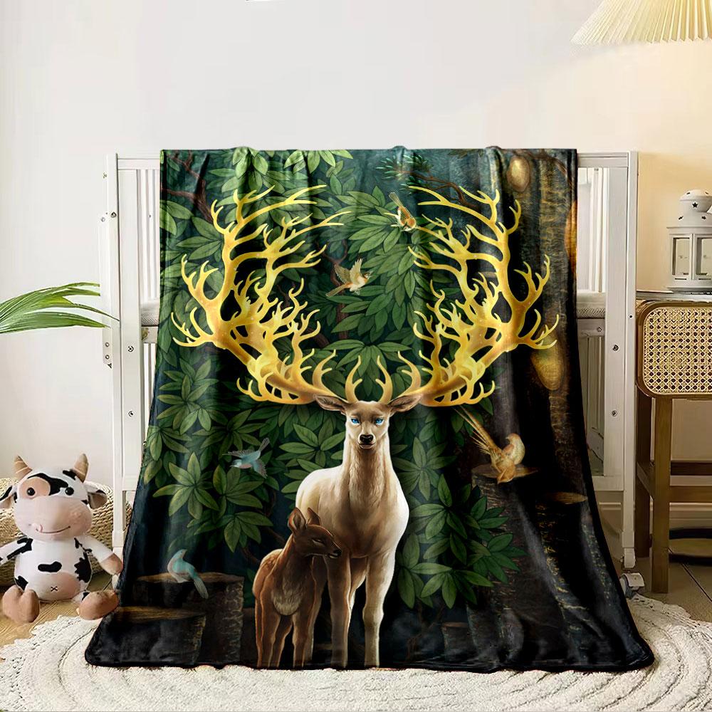 Glowing antlers, leafy forest backdrop, birds, and two deer in focus. for all seasons blanket lunch break throw gift 80cm x 120cm