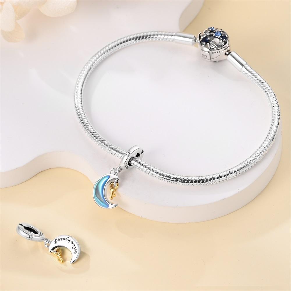 Authentic copper Charm Bead Charms Luxury Blue Moon Moonlight Lock Pendant Bead Charms Compatible With Bracelets Diy Women Making Delicate Gift