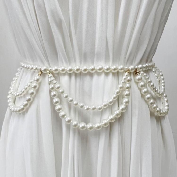 Classical Layered Imitation Pearls Belt Chain Lightweight Design Ideal Gift For Fashion Enthusiasts