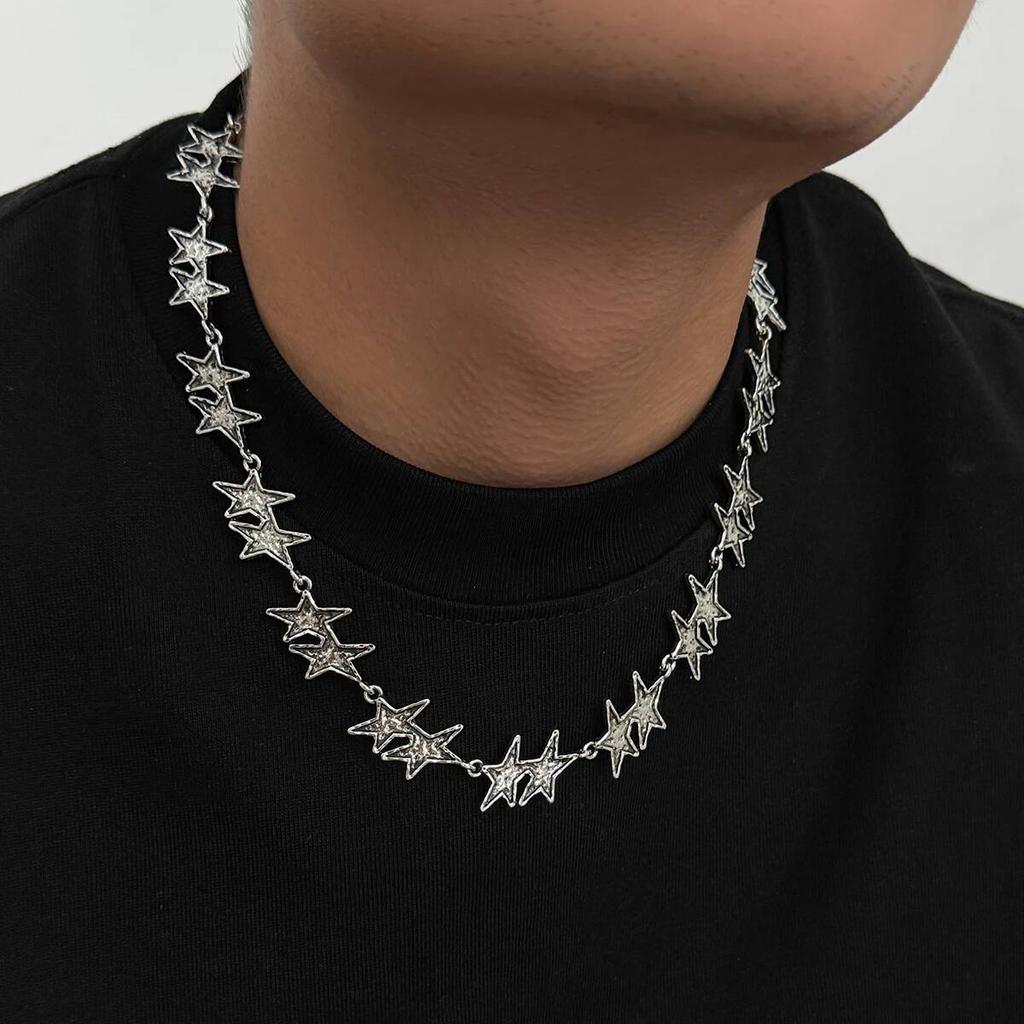Salircon Colliers Punk Créatifs Étoile à Cinq Branches pour Hommes Argent Vintage Chaîne de Clavicule Réglable Bijoux Tendance Rue