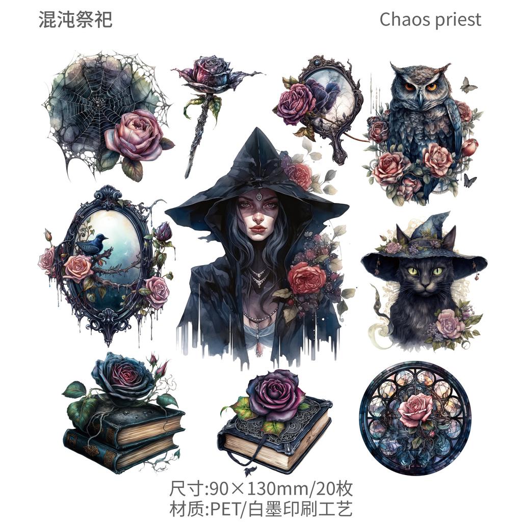 20 Pcs Vintage Gothic Witch Themed PET Stickers Wrapped with Handbill Material Decorative Collage Junk Journal Supplies