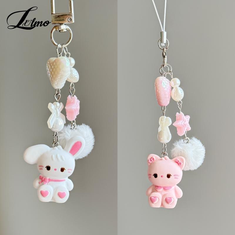1Pc Cute Rabbit Kitten Bear Pendant Key Chain Fluffy Ball DYM Bead Mobile Phone Chain Anti-Lost Lanyard Kawaii Bag Charm Gift